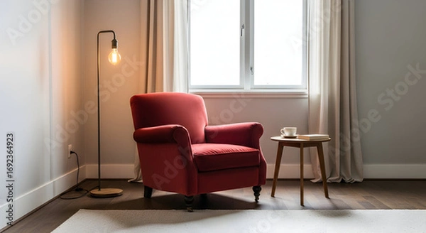 Fototapeta Inviting interior scene featuring a plush red armchair with soft natural window light creating a