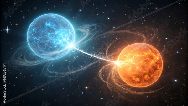 Fototapeta Two celestial bodies interacting in deep space with cosmic energy