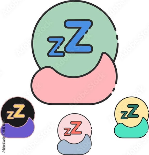 Fototapeta Vibrant, modern sleep icons and symbols featuring 'zZ' graphics in various color palettes for rest, relaxation, and sleep-related concepts