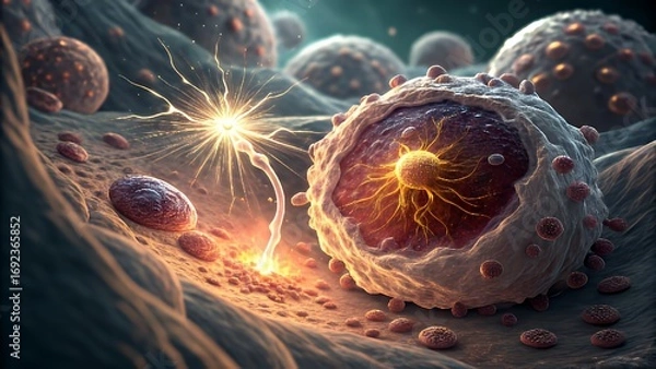 Fototapeta Microscopic view of cells with a bright energy spark connecting them