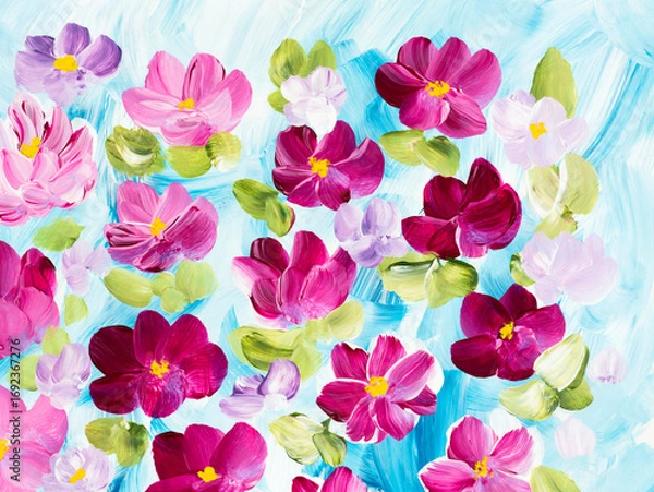 Fototapeta Pink abstract flowers on blue, original hand drawn, impressionism style, color texture, brush strokes of paint, art background.