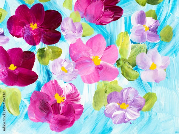 Fototapeta Pink and purple abstract flowers on blue, original hand drawn, impressionism style, color texture, brush strokes of paint, art background.