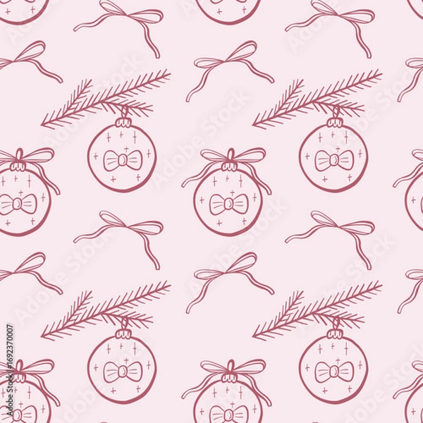 Fototapeta Coquette core Christmas seamless pattern. Hand drawn line pink isolated bow with ribbon and ball. Whimsical print.