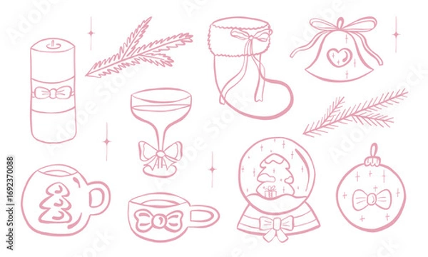 Fototapeta Coquette core Christmas set. Hand drawn line pink isolated elements for 2026 design. Whimsical collection.