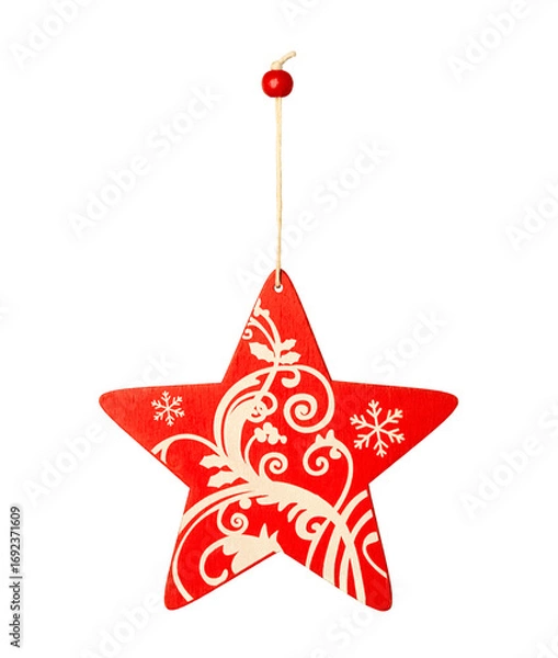 Obraz Red wooden star Christmas decoration with white pattern with clipping path