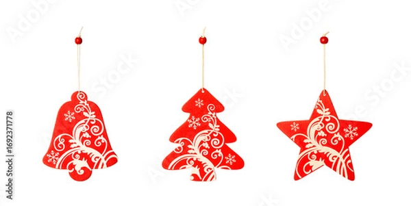 Obraz Collection of wooden Christmas retro decorations isolated on white background