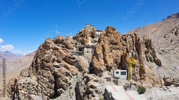 Fototapeta View of Dhankhar Monastery, Built in 11th Century is one of the Oldest Gompa in Spiti Valley, Dhankhar, Lahaul Spiti, Himachal Pradesh, India.