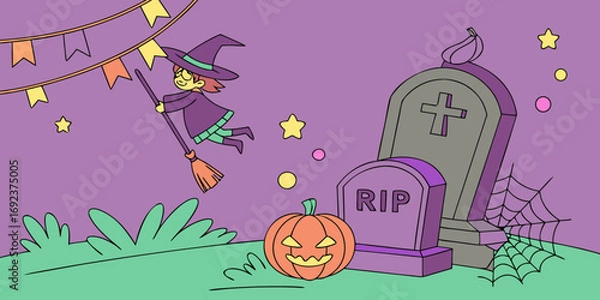 Obraz Witch over Runic Grave with Cauldron Glow