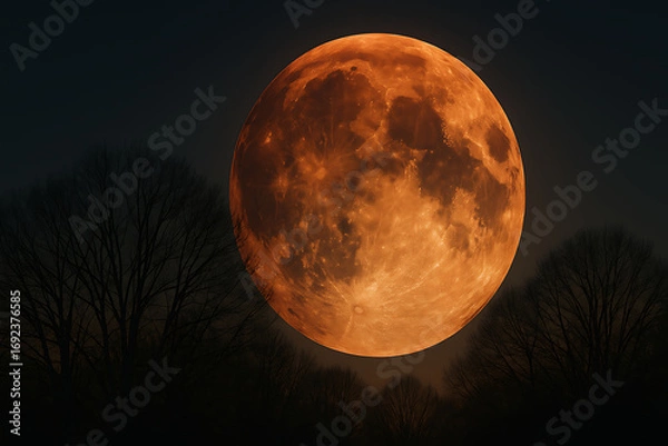 Fototapeta 森の影に浮かぶ壮大な赤い皆既月食の瞬間