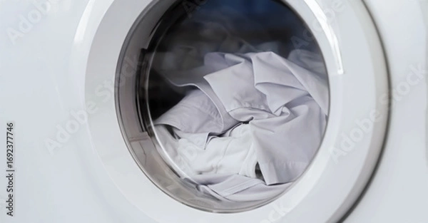 Fototapeta White clothes inside a modern front-loading washing machine or dryer, representing the daily domestic chore of doing laundry