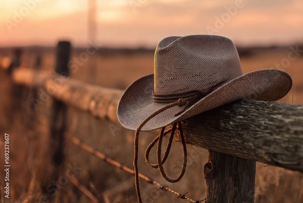 Fototapeta Cowboy Hat on Fence: Sunset Scene in Southern Oklahoma, Nostalgic West Ranching Image