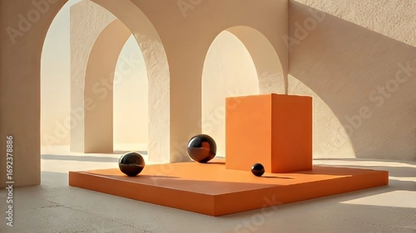 Fototapeta Minimalist architectural scene with geometric shapes and warm lighting