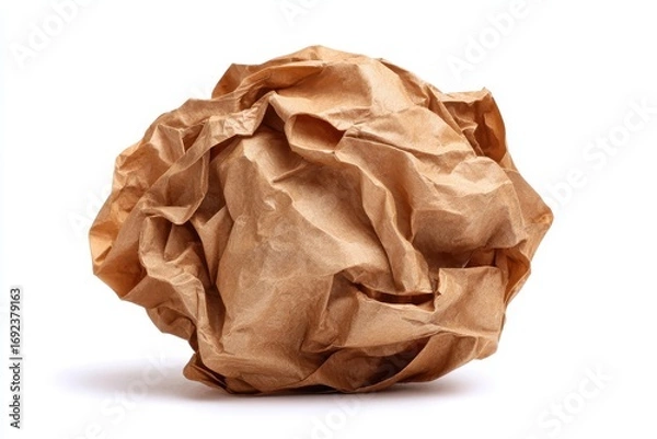 Fototapeta Crumpled Brown Paper Ball on White Background. Wrinkled Napkin Texture