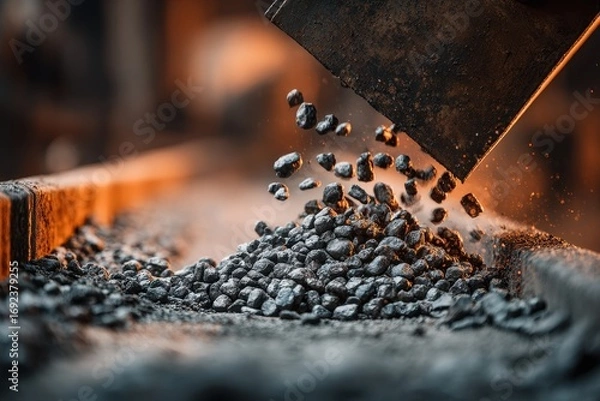 Fototapeta Crushed Pill. Heap of Iron Ore Pellet from Conveyor Belt. Falling Spherical Lumps