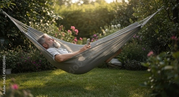 Fototapeta Man relaxes in hammock, enjoying nature with cellphone on sunny day