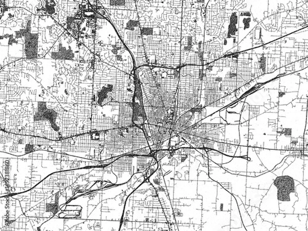 Fototapeta Decorative map of Canton, Ohio, in hand-drawn digital style, balancing urban detail with a monochrome look.