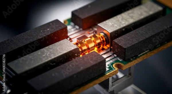 Obraz Trapped-Ion Quantum Processor with Glowing Orange Ion Chain and Electrode Assembly