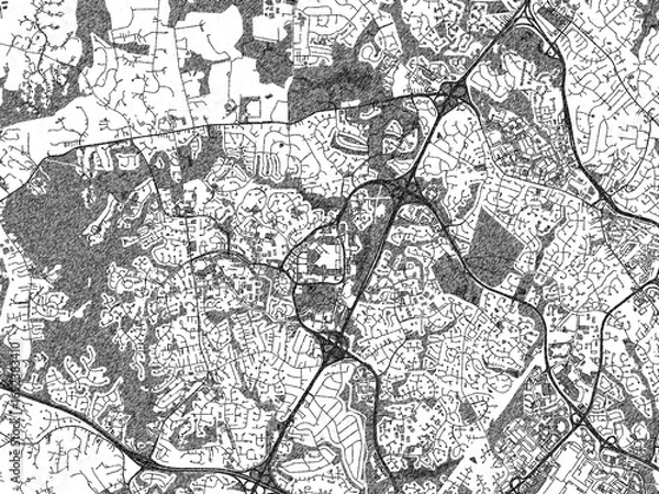 Fototapeta Illustrated city map of Columbia, Maryland, in black and white, combining detailed grids with shaded textures.
