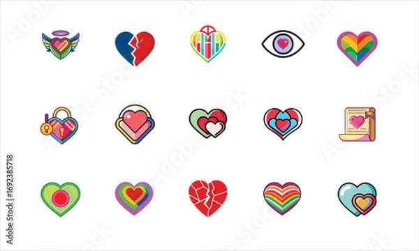 Obraz Collection of colorful heart icons and symbols isolated on white background