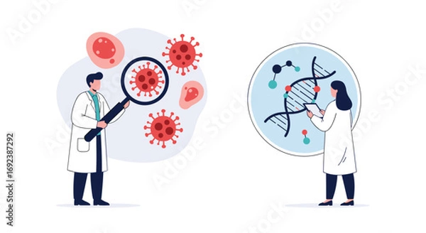 Obraz Scientists examine coronavirus and dna structure in laboratory research setting