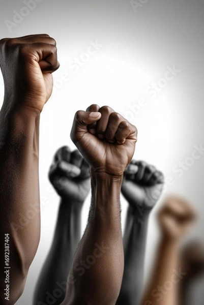 Fototapeta Unity and strength represented by raised fists in solidarity against injustice during a protest
