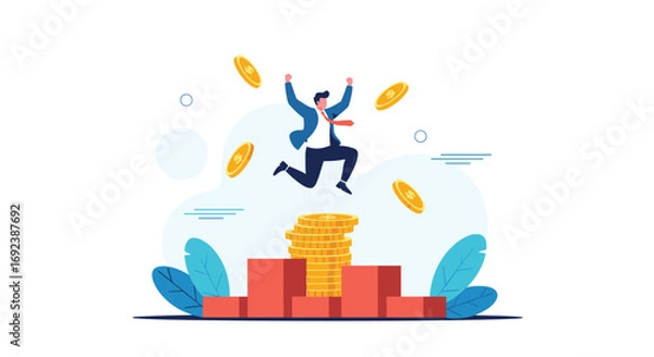 Obraz Successful businessman celebrating victory jumping joyfully above stacked coins on podium surrounded by falling gold