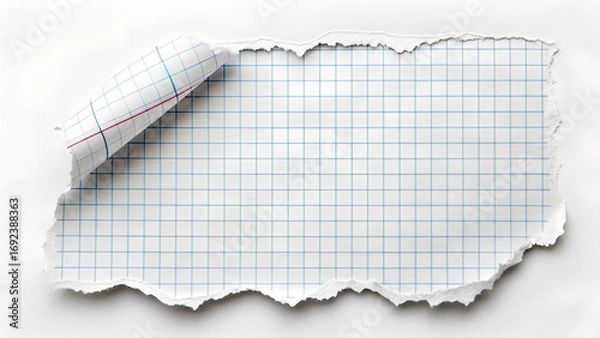 Fototapeta piece of lined graph paper tear isolated on white background.