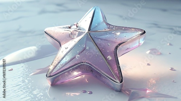 Fototapeta Iridescent star shaped ice cube with water droplets on marble surface