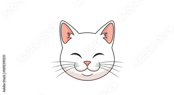 Fototapeta Happy white cat face with closed eyes and whiskers, illustration