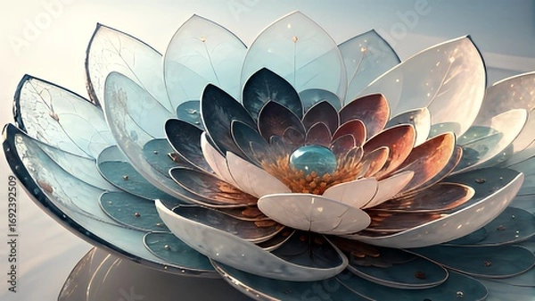 Fototapeta Abstract glass lotus flower with water droplets and soft light