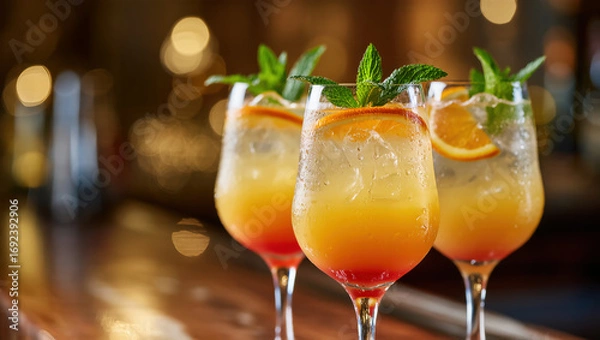 Fototapeta Colorful summer cocktails with orange slices, ice and mint in elegant glasses on bar counter with warm bokeh lights