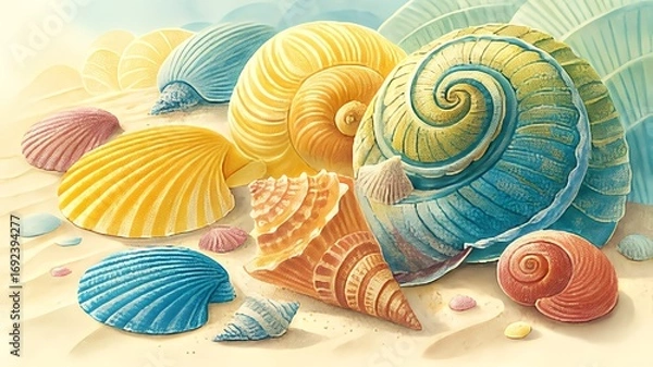 Fototapeta Collection of colorful seashells and sand on a beach
