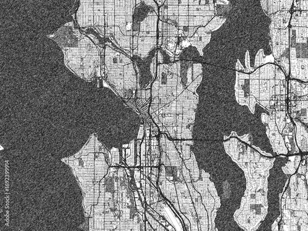 Fototapeta Decorative map of Seattle, Washington, rendered in sketch-like monochrome, ideal for posters and travel projects.