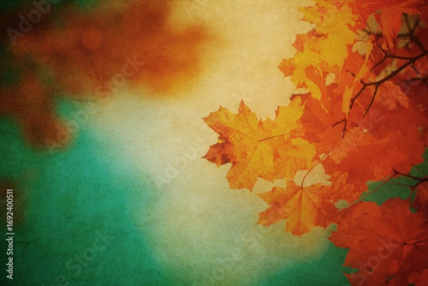 Fototapeta Autumn leaves over vintage background. Perfect grunge fall texture.