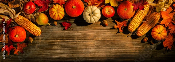 Fototapeta Festive autumn composition from pumpkins and colorful leaves on a dark wooden background. Thanksgiving day.