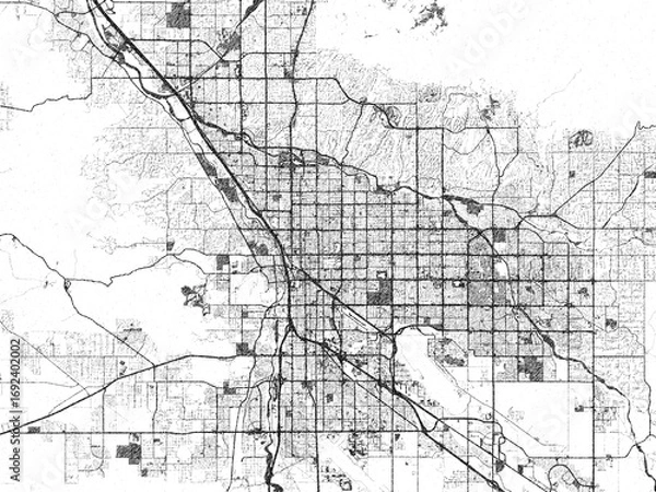 Fototapeta Minimalist map of Tucson, Arizona, illustrated in black and white with a bold street grid and shaded parks.