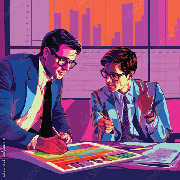 Fototapeta Two businessmen working together on charts in a colorful pop art style, representing teamwork, analytics, and creative strategy in business.