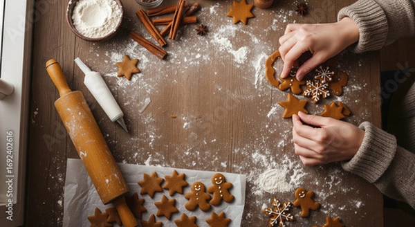 Fototapeta Top View of Hands Decorating Christmas Gingerbread Cookies with Icing