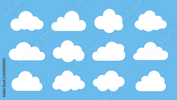 Fototapeta Collection of white cloud shapes vector isolated on sky blue background. Cloud icon set.