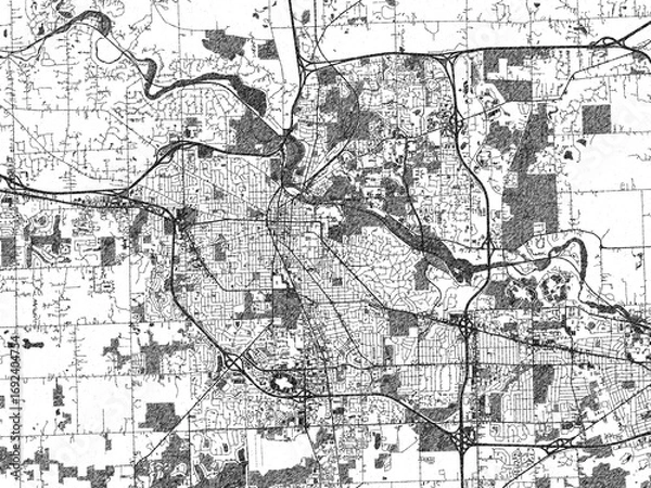 Fototapeta Detailed black and white map of Ann Arbor, Michigan, designed in a sketch-style illustration for creative use.
