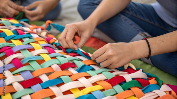 Fototapeta Team Rebuilding Hands weaving colorful fabric strips together in a creative and vibrant craft activity.