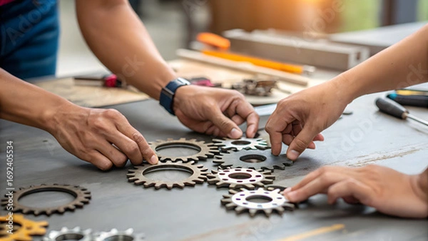 Fototapeta Team Rebuilding Several hands collaborate to arrange metal gears on a worktable, symbolizing teamwork and engineering.