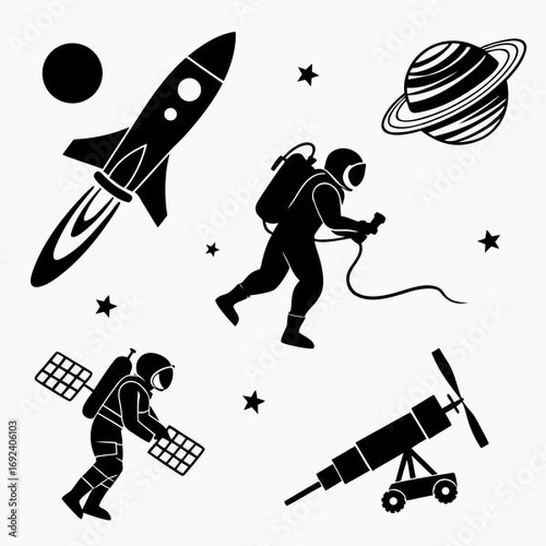 Fototapeta Black silhouette icons of astronauts a rocket a satellite a planet a telescope and stars in a cosmic space scene on a white background