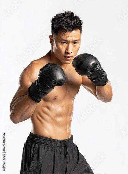 Fototapeta A handsome, muscular young boxer in a powerful portrait, training with his gloves