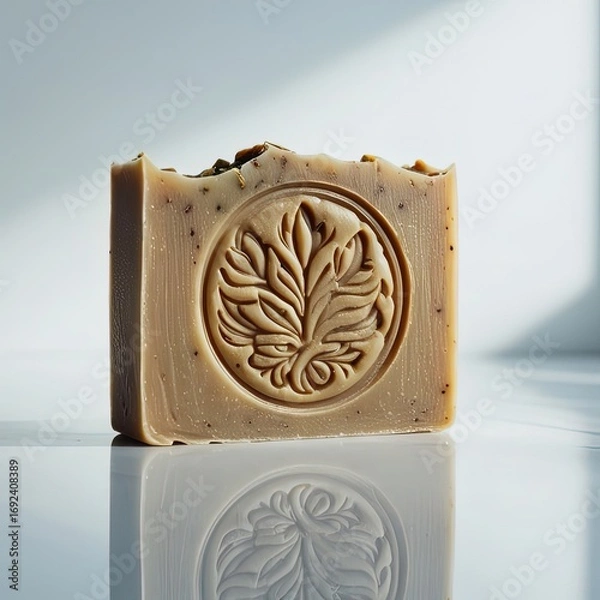 Obraz Studio photograph of a handmade soap bar with an embossed logo, isolated on a clean white background.
