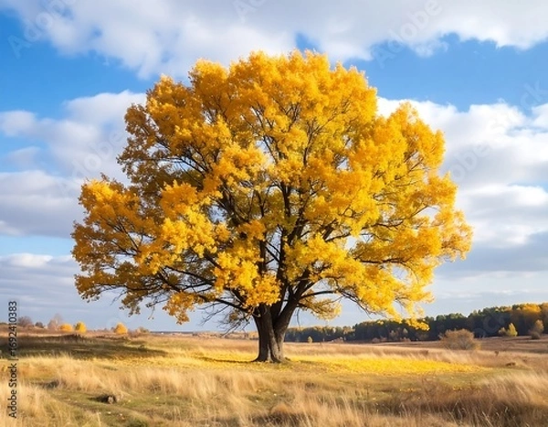Fototapeta Autumn tree in a golden field