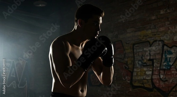 Fototapeta Boxer silhouette in dark gym with smoke and graffiti.