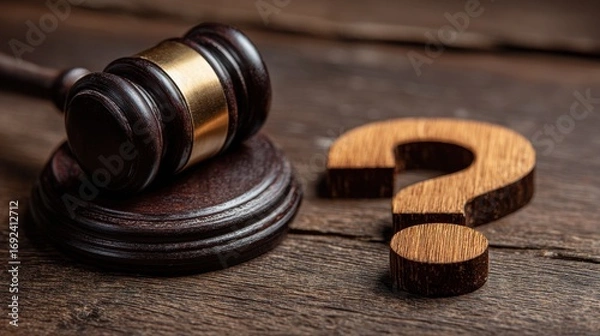 Fototapeta Faq Lawyer. Close-up of Wooden Question Mark and Gavel on Judge's Table. Legal Services Concept