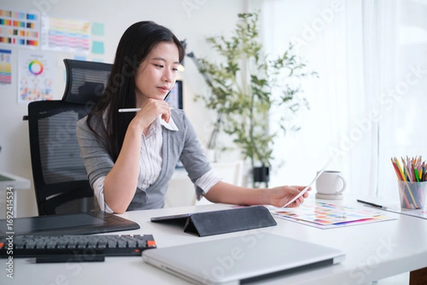 Fototapeta Female designer examining printed color samples in a modern office.
