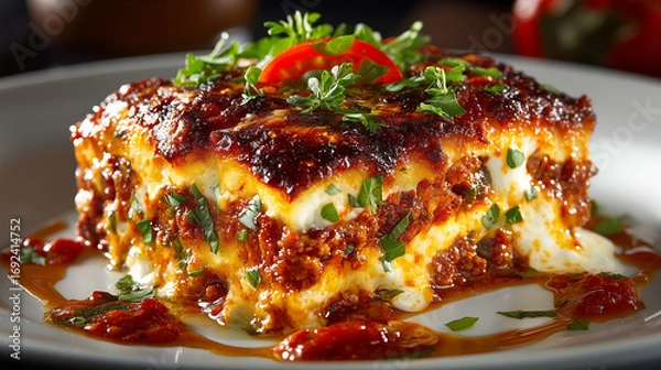 Fototapeta Portion of lasagna topped with parsley on white plate in restaurant.